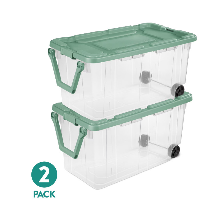 Sterilite 160 Qt Wheeled Storage Bin Clear w/ Lid Heavy Duty 2 Pack Green
