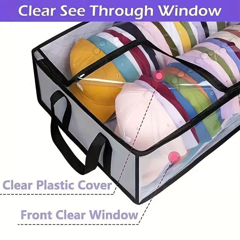 Hat Storage Dust Bag Baseball Hat Cap Organizer Clear Rack Zipper – Black / Gray
