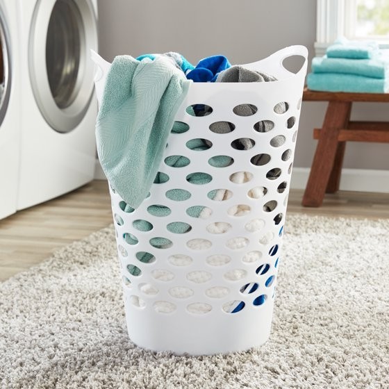 (2 pack) Mainstays Plastic Round Laundry Hamper, White, with Carrying Handles