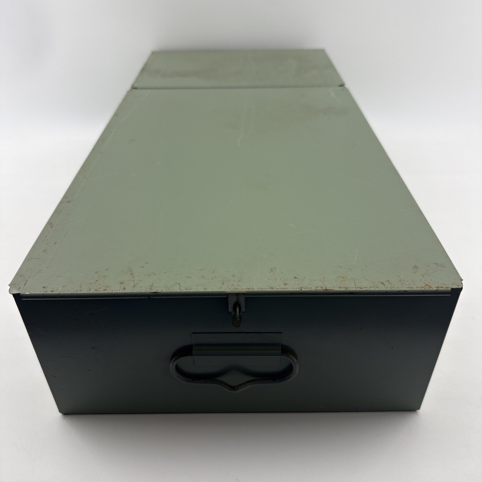 Vintage X-10 Light Green Metal Storage Box 21.5x10x5 Slide Lid
