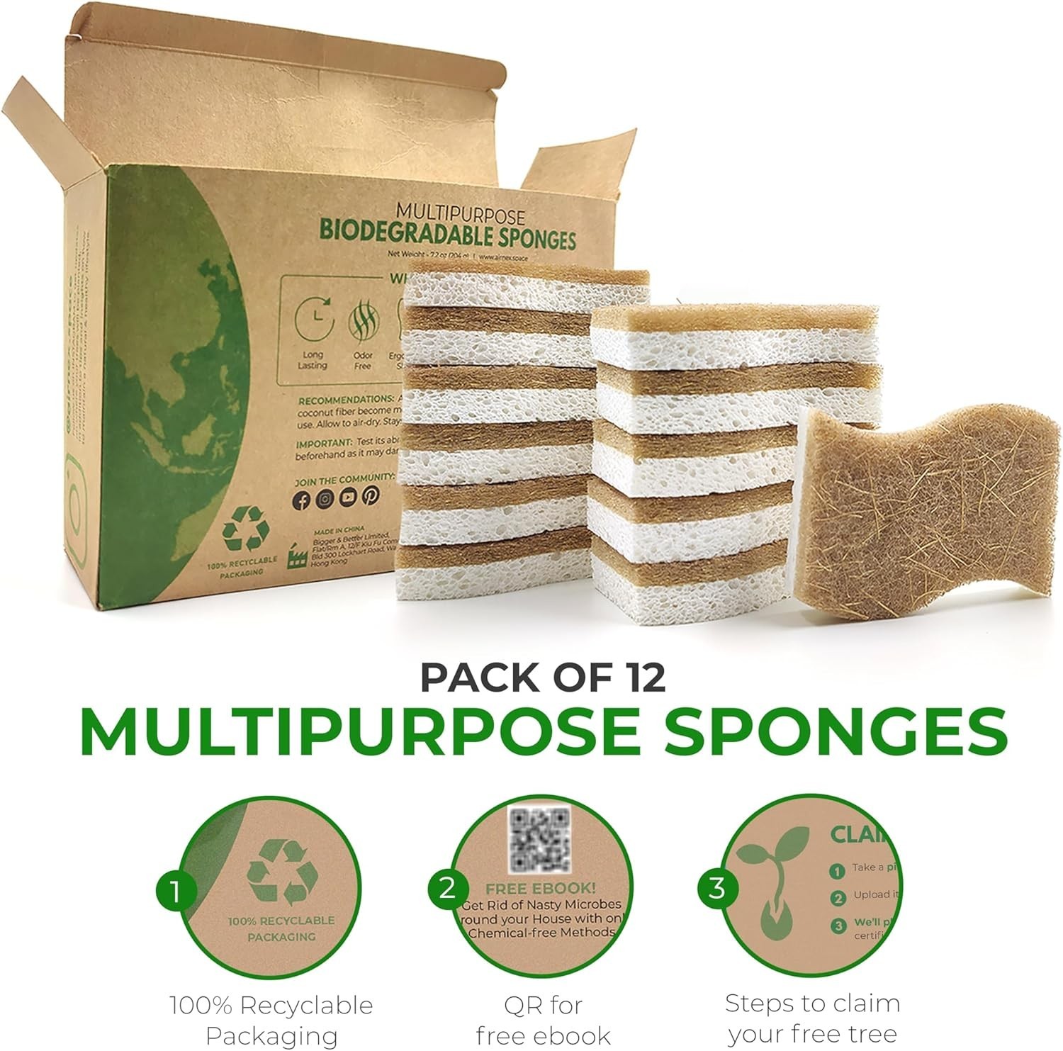 Biodegradable Natural Kitchen Sponge – Compostable Cellulose and Coconut Waln…
