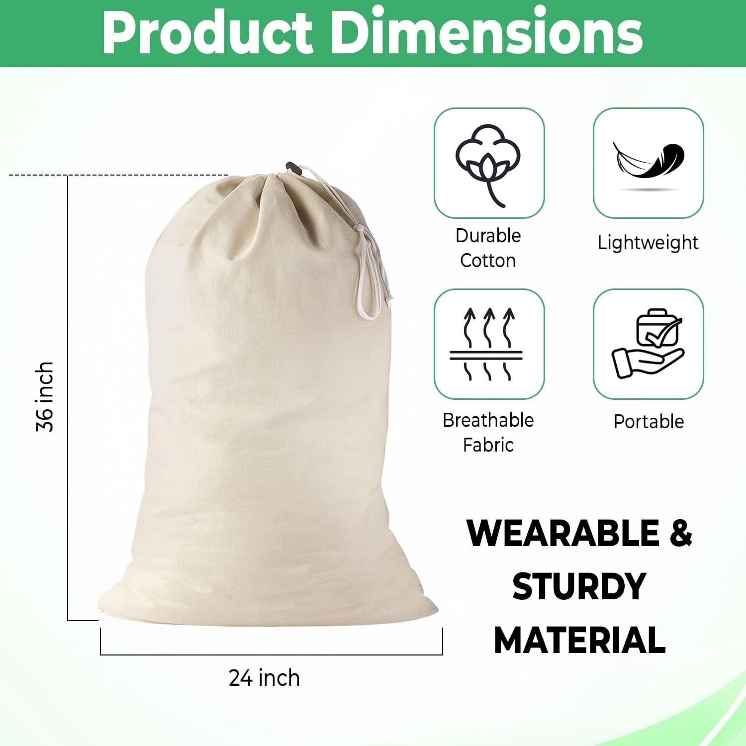 Large Cotton Laundry Bags 24×36 Inch with Drawstring, Heavy Duty 2 Pack