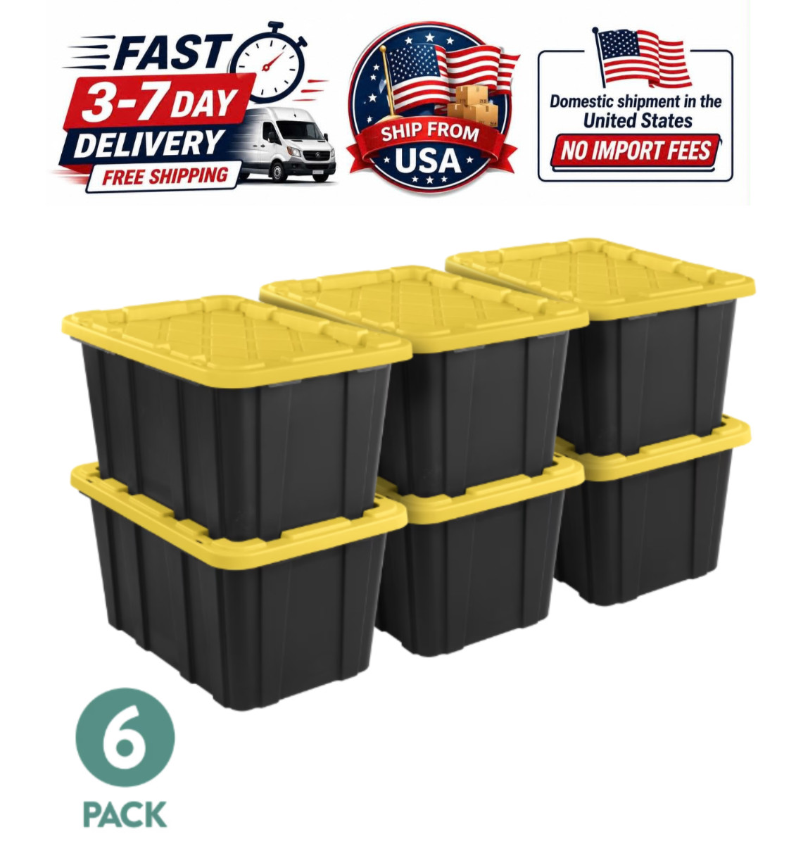 Sterilite 27 Gal Storage Tote Snap-On Lid Black/Yellow 6 Pack