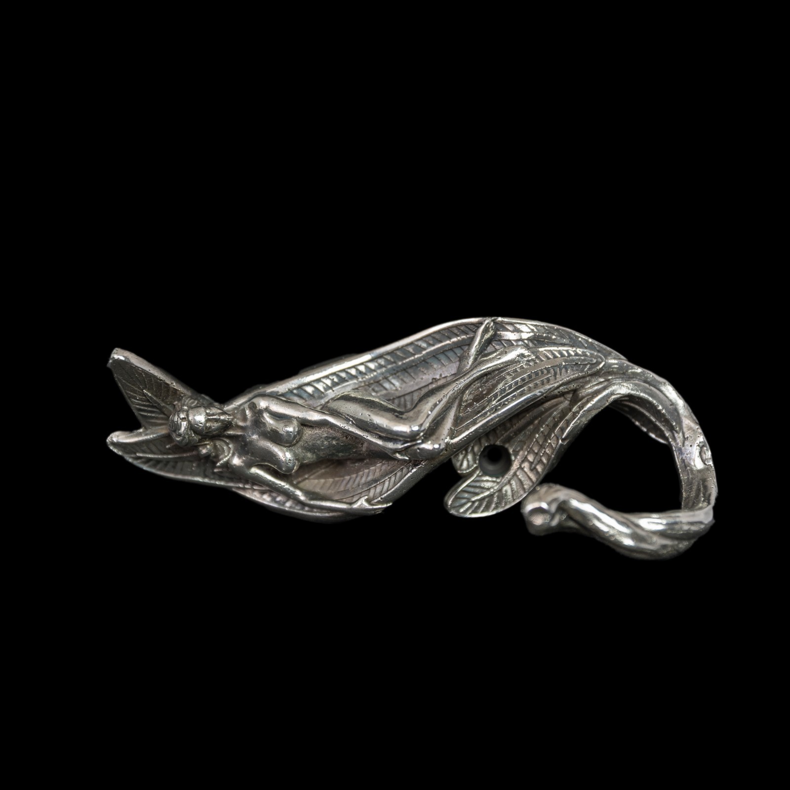 Fairy Wall Hook – Heavy Nickel Silver Art Nouveau Hanger–Fantasy Home Decor