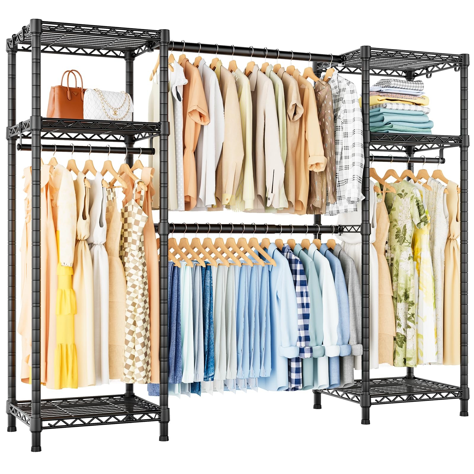 E7 Garment Rack 838LB Heavy Duty Metal 6 Shelves Extendable Rod Closet Black