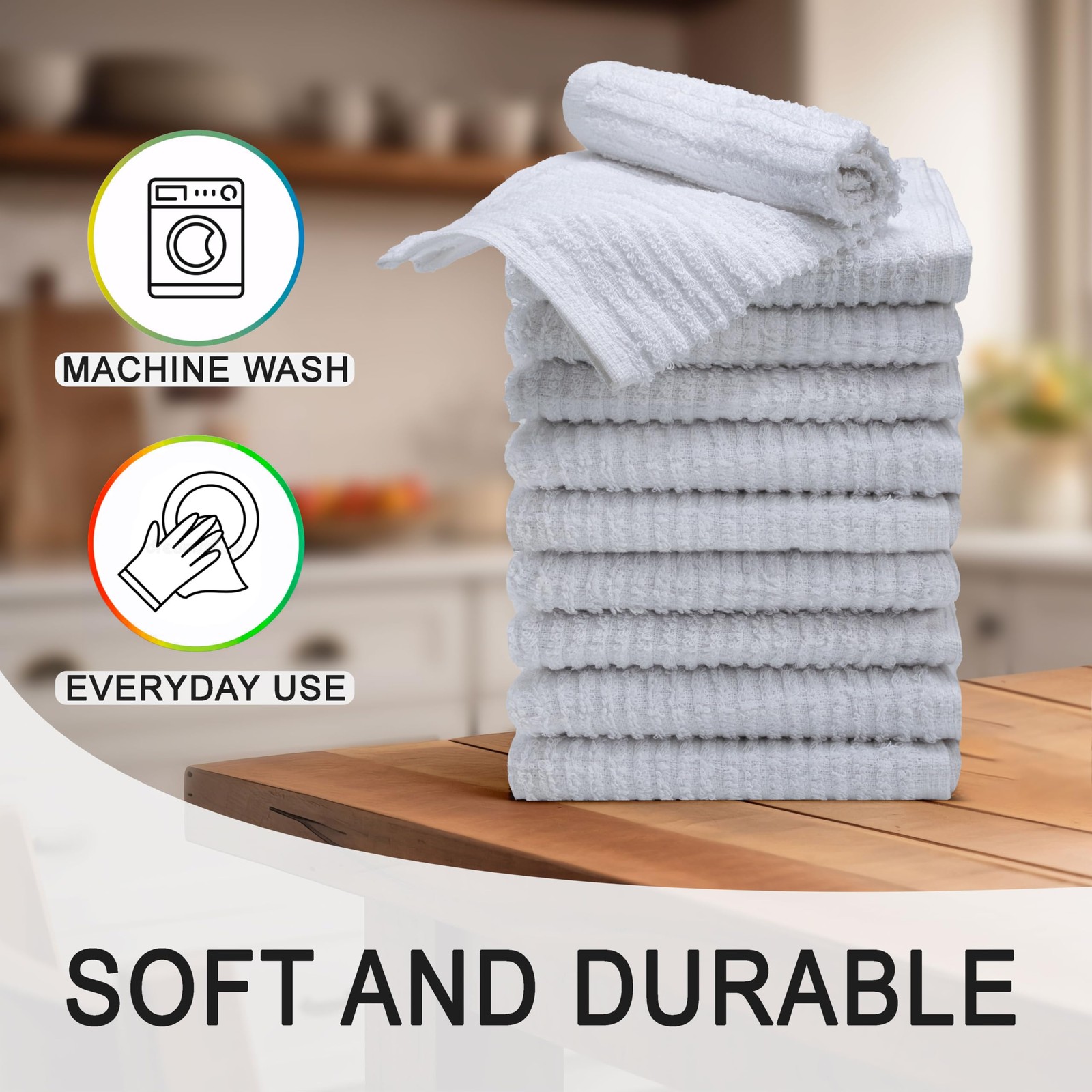 Textila Bar Mop Towels – 12×12 Inches – Pack of 10 – White – Cotton Dish Clot…