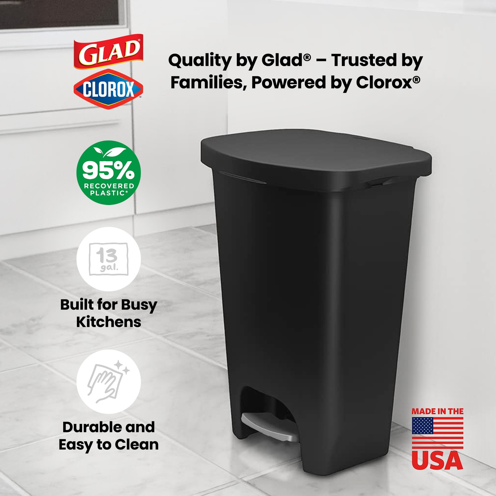 Glad Trash Can w/Lid, Foot Pedal & Garbage Bag Rings, 13 Gal, Black (Open Box)
