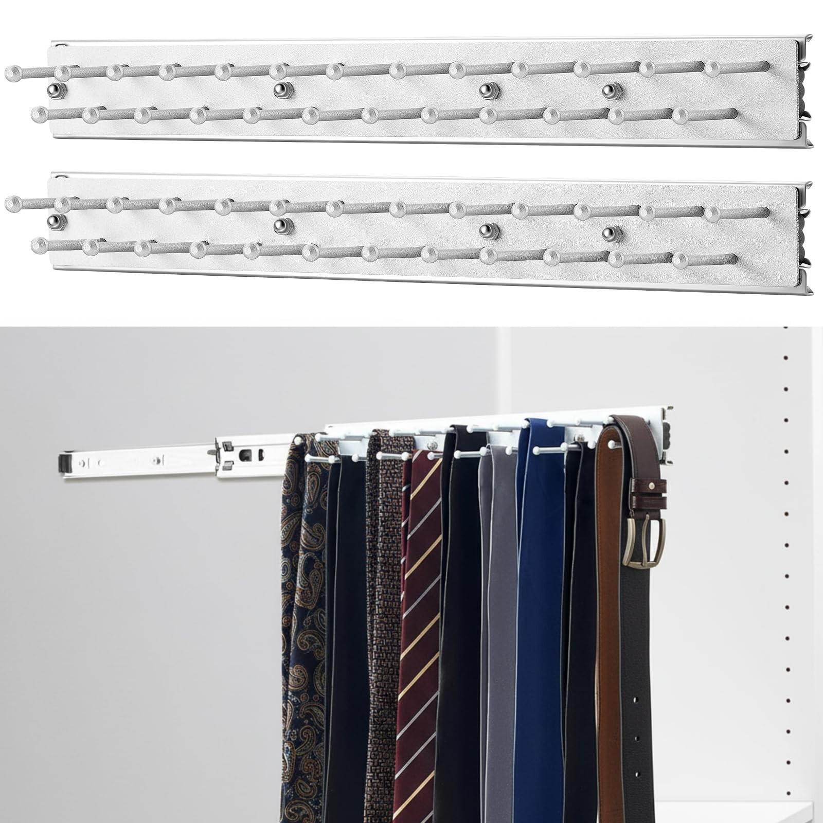 2 Pack 13.8” Sliding Tie Rack Hangers for Closet Storage – 25 Hooks Each, Easy