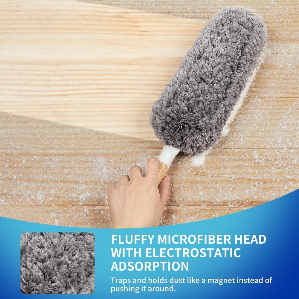 Lint Free Microfiber Duster, Washable and Reusable Duster with Bamboo Handle