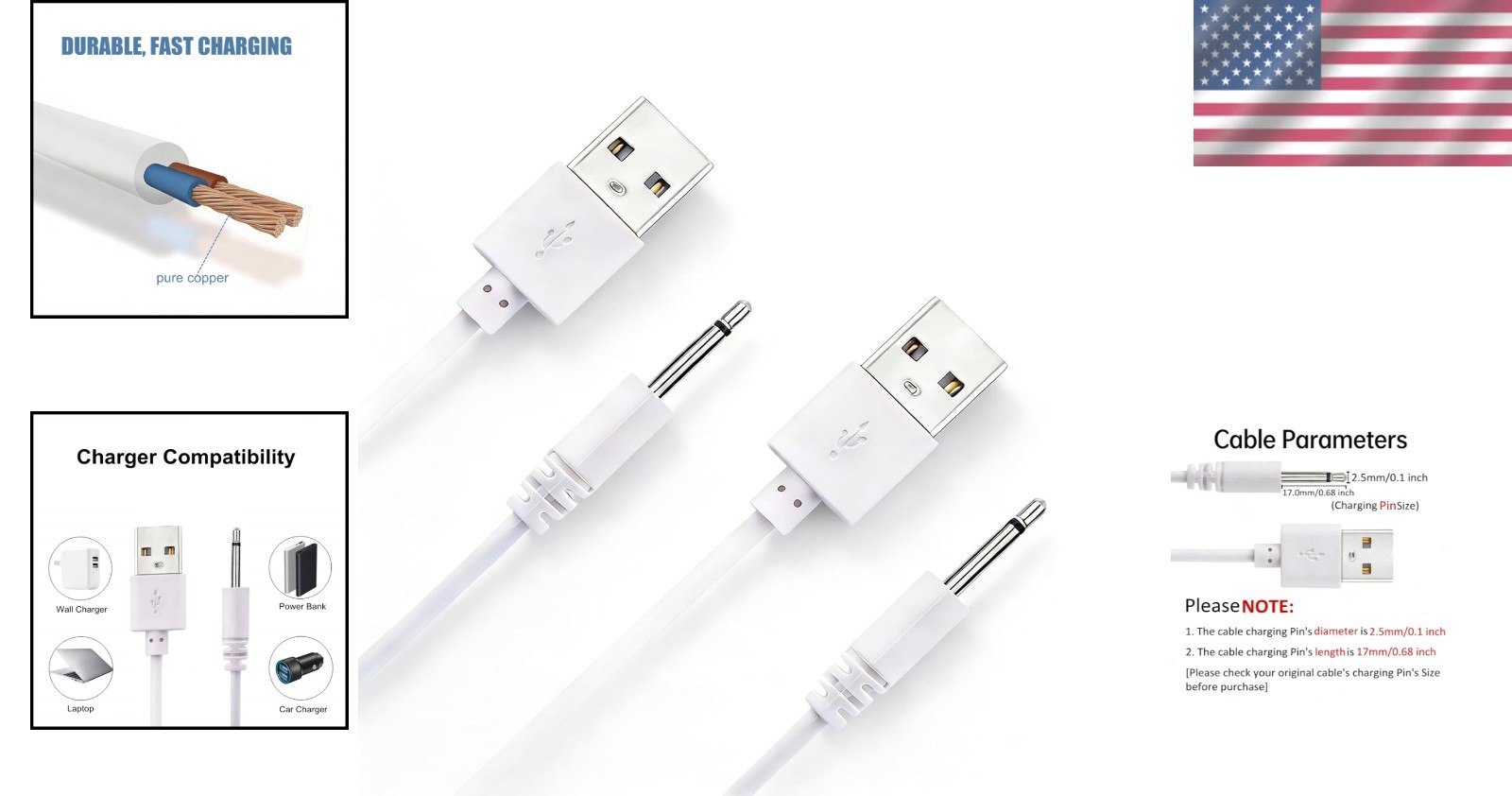 2.7Ft Fast Charging USB to DC Cable – 2 Pack 2.5mm Massager Charger Replacement