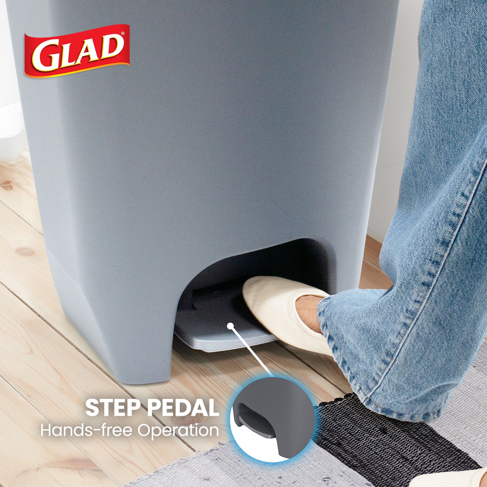 Glad Kitchen Trash Can with Lid, Foot Pedal and Garbage Bag Rings, 13 Gal, Grey