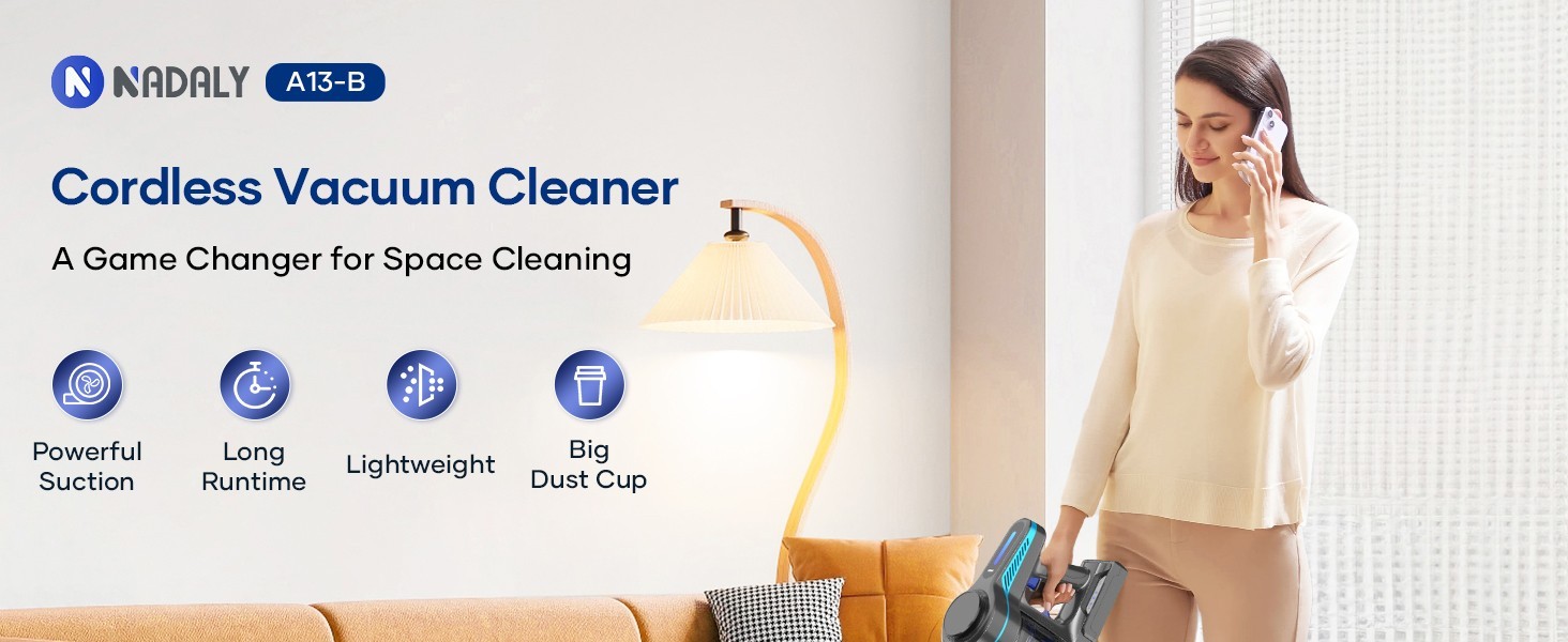 Cordless Vacuum Cleaner 1.5L Stick 55Kpa Lightweigh for Pet Hair Carpet Hardwood