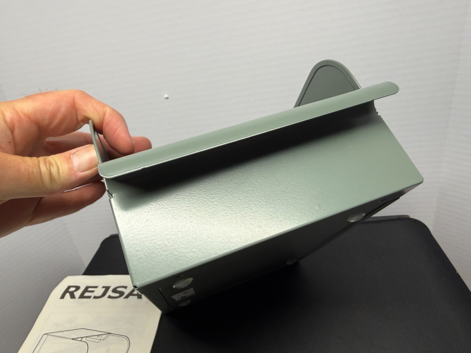 Brand New Unused Assembled IKEA Rejsa Gray-Green Metal Box, 9.75” x 7” x 5”,