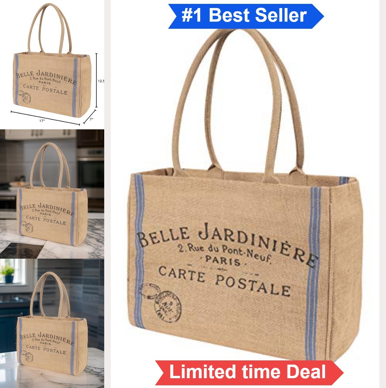 Jute Market Tote Bag 100% Natural Fiber 12.5 Inch Tall 17 Inch Wide 7 Inch Deep