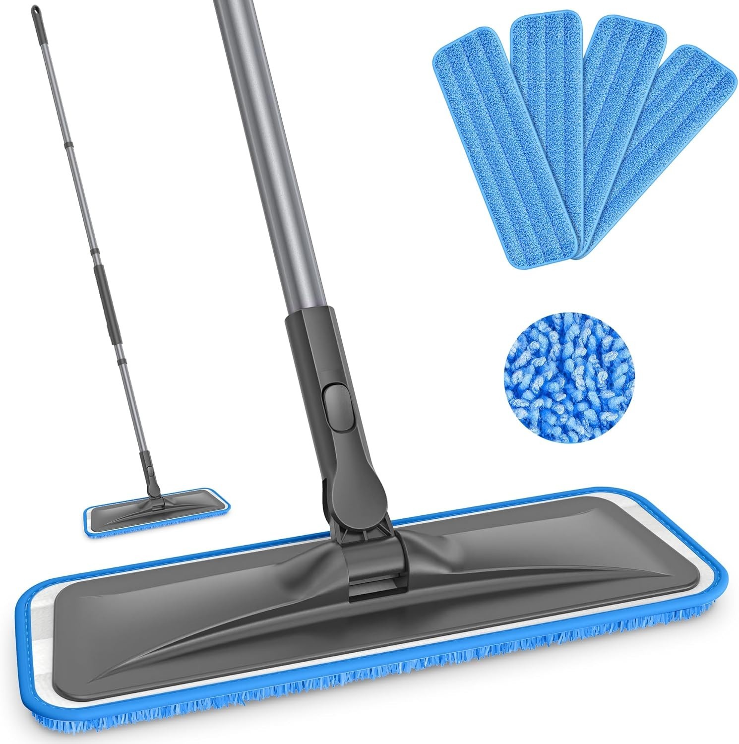 Microfiber Floor Mop Flat Cleaning Tool with 4 Washable Pads Adjustable Handle