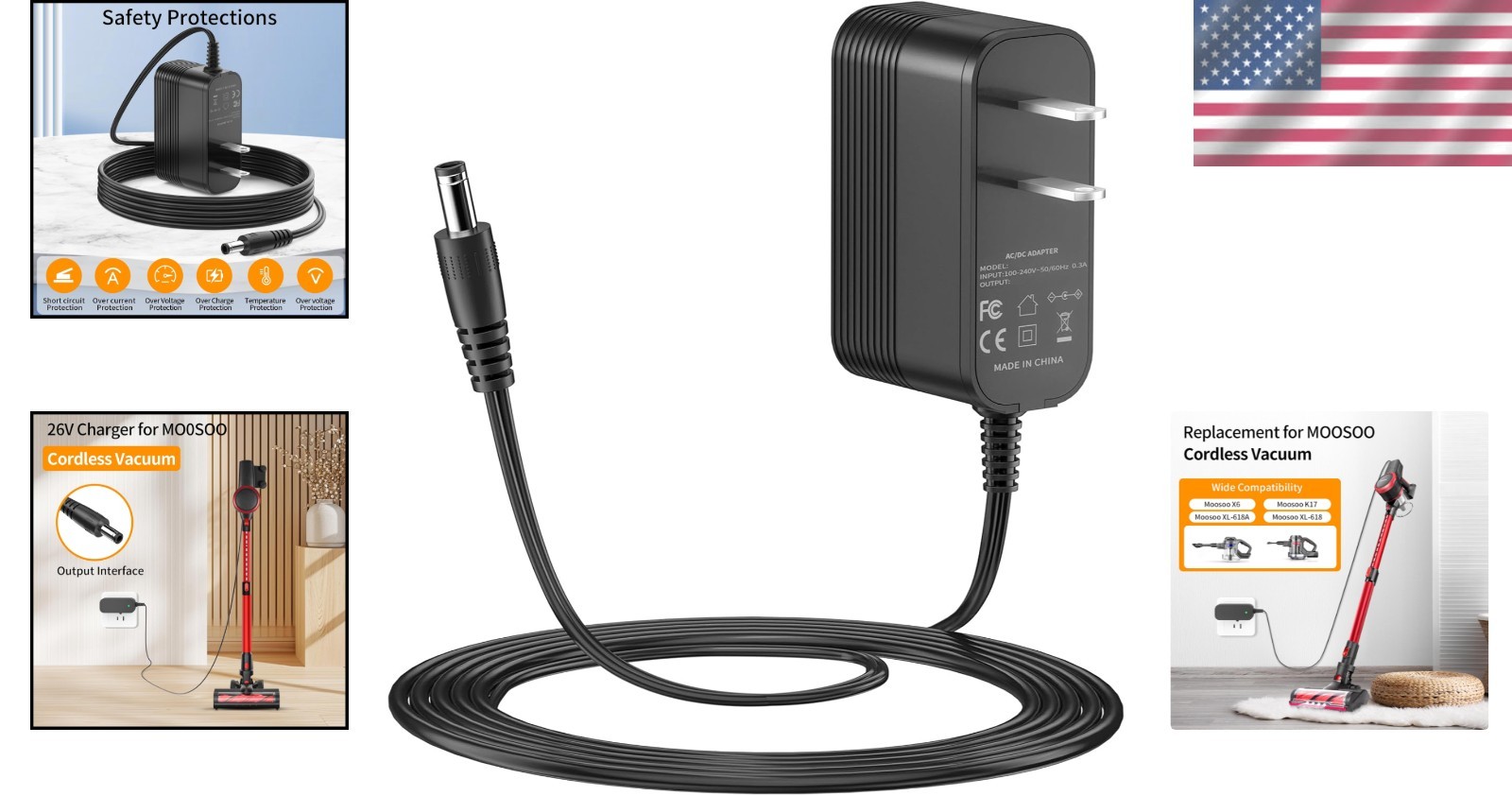 Moosoo Cordless Vacuum Charger Compatible with X6, K17, XL618A – 110V Input