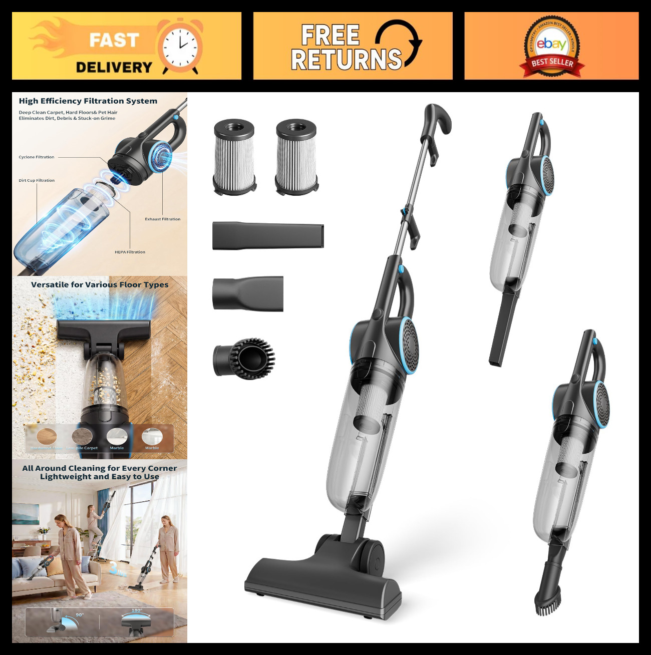 Powerful 600W Corded Stick Vacuum for Home & Pet Hair, 2-in-1 Handheld, 16ft Cor