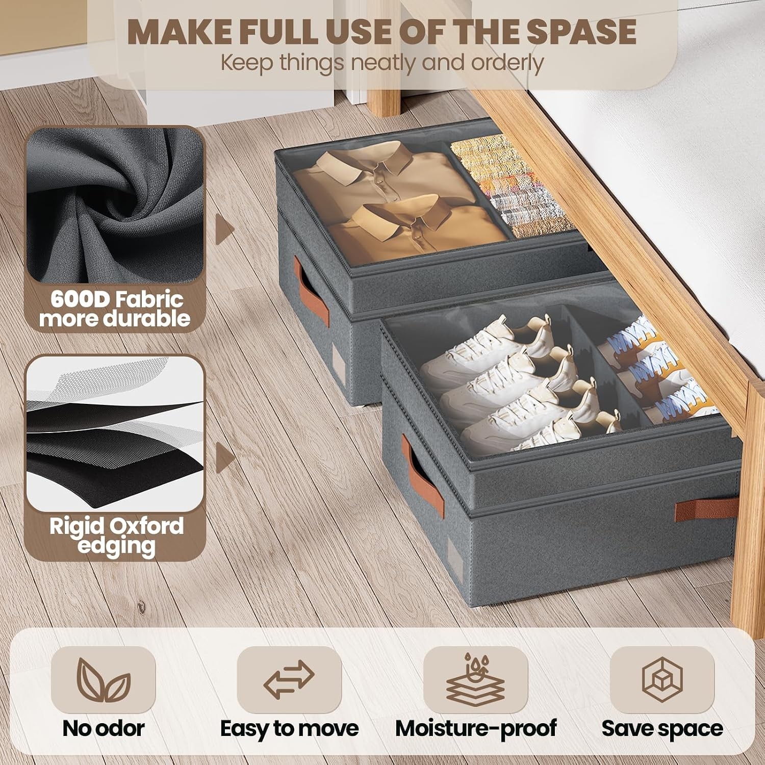 Under Bed Storage Bin With Wheels 70L Rolling Organizer Clothes Toys Grey