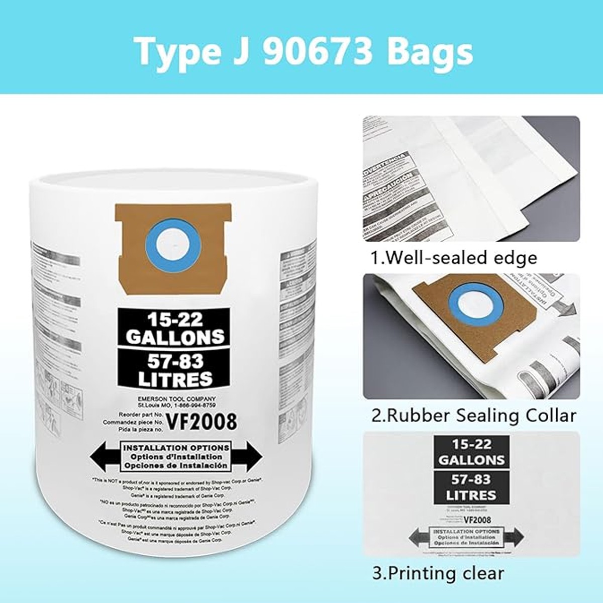 3-15 Pack Vacuum Bags Replacement For Shop Vac Bags 15-22 Gallon Type J #90673