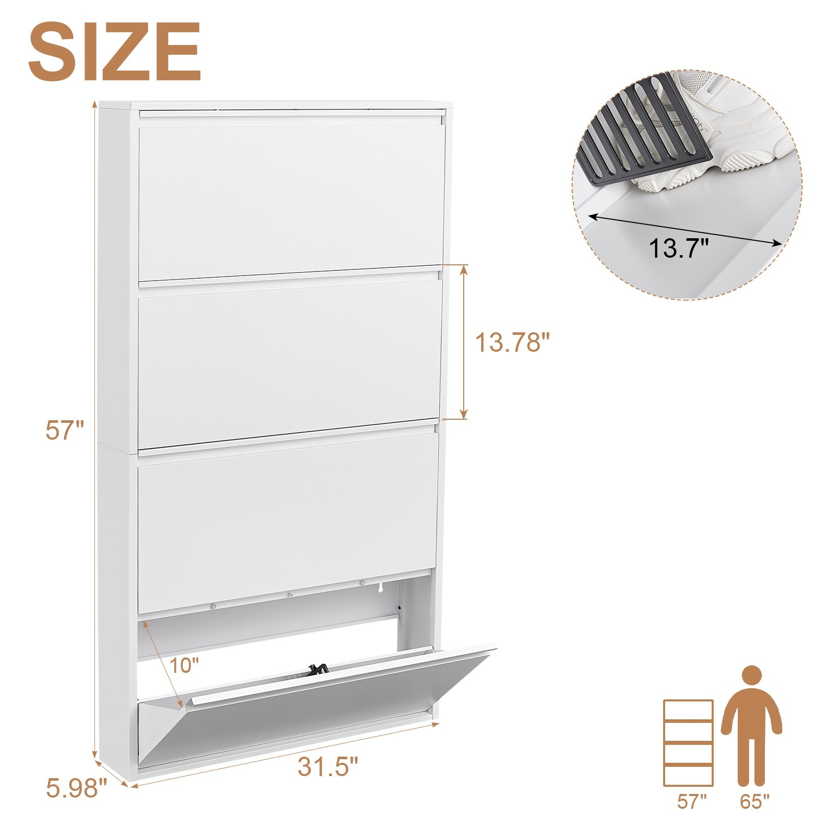 Metal Shoe Cabinet with 4 Flip Drawers, Wall Mount Shoe Organizer for Entryway