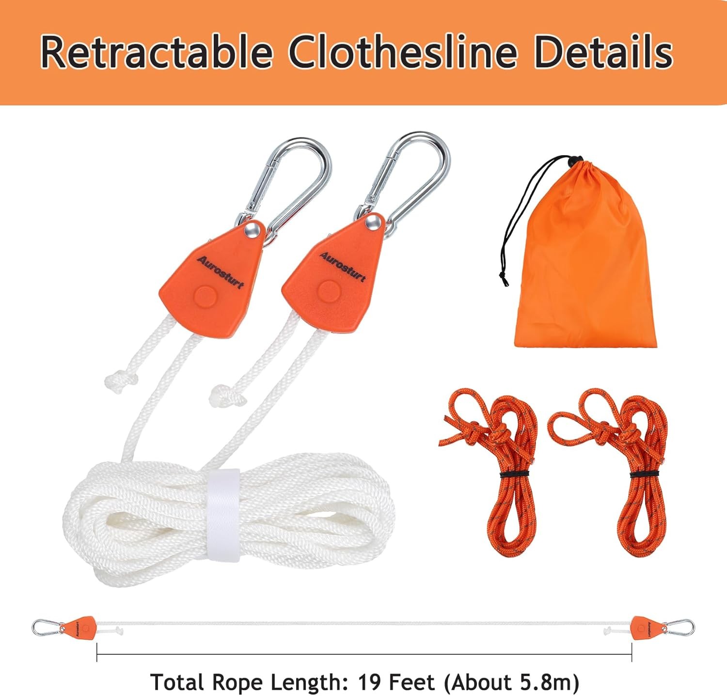 19FT Retractable Clothesline Outdoor with Ratchet Pulley | Portable Travel