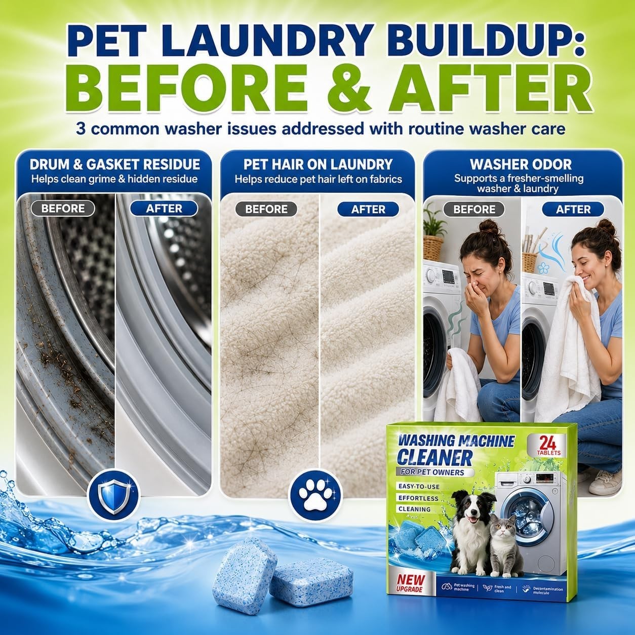 Enzyme Washing Machine Cleaner Tablets for Pet Owners, 24 Count (Pack of 1)