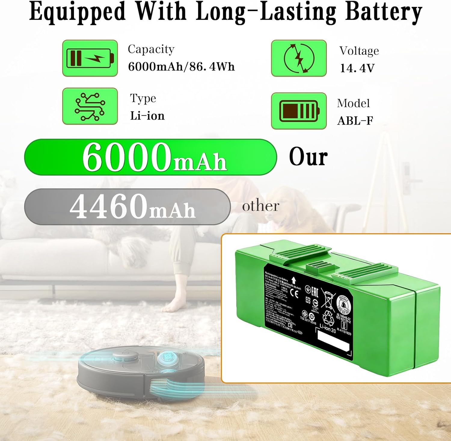 6000mAh ABL F Battery Compatible with iRobot Roomba e i and j Series i8 i8 j7