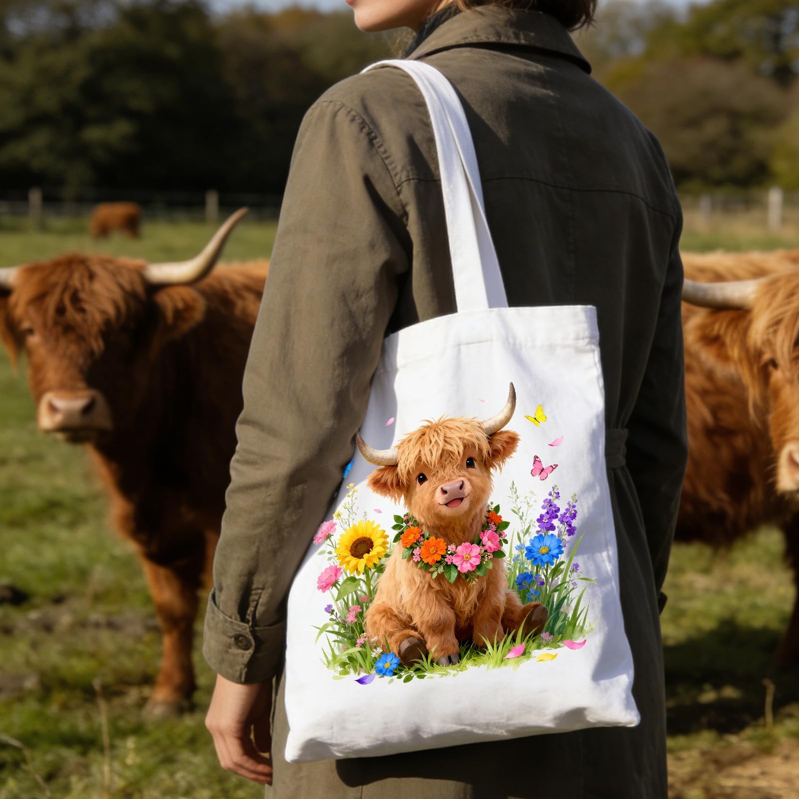 Reusable Durable Floral Highland Cow Canvas Tote Bag, Zippered Shoulder Women’s