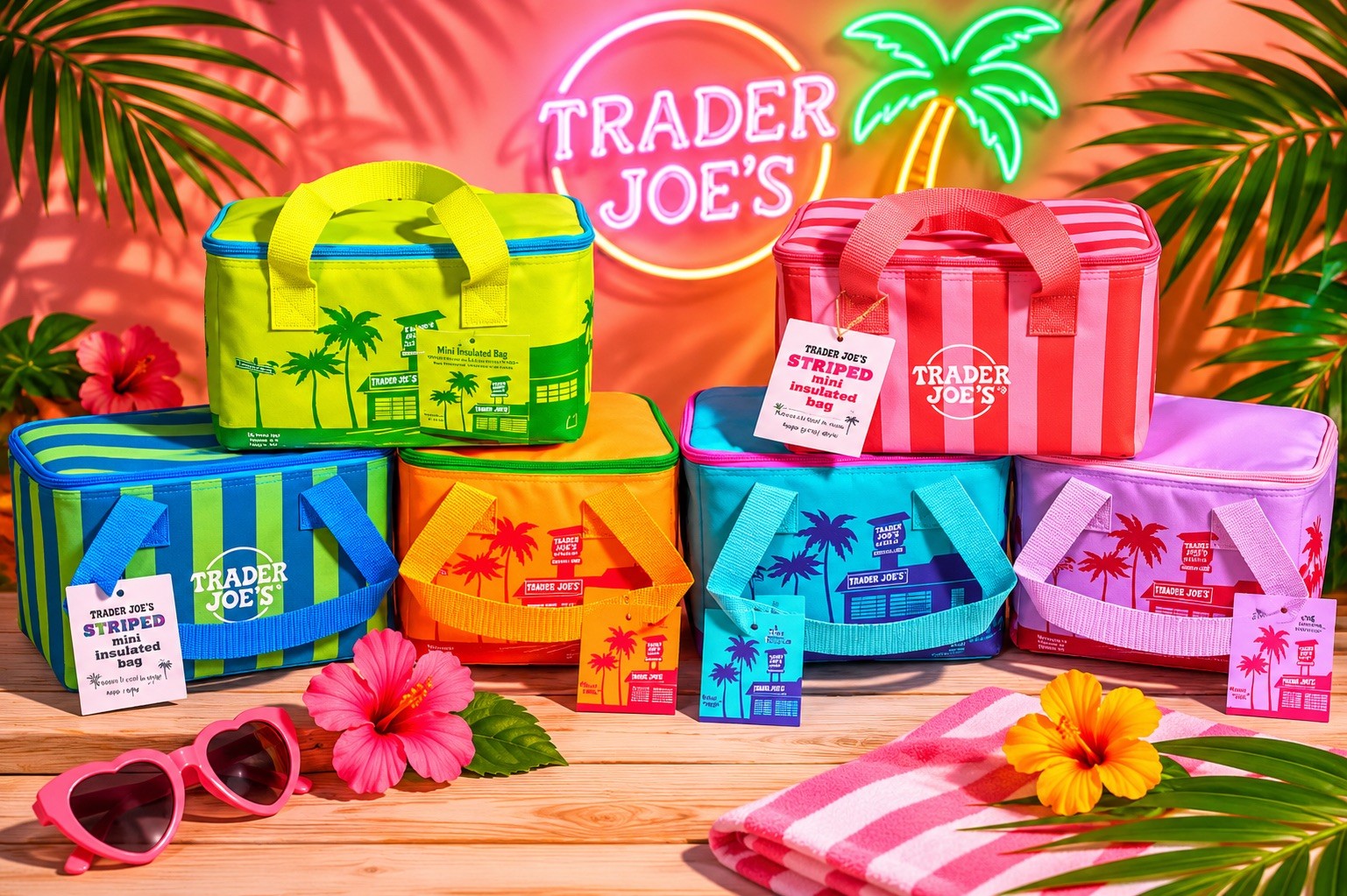 Trader Joe’s 2026 Mini Insulated Tote Summer Fun Ltd Ed Pink Violet Blue Green