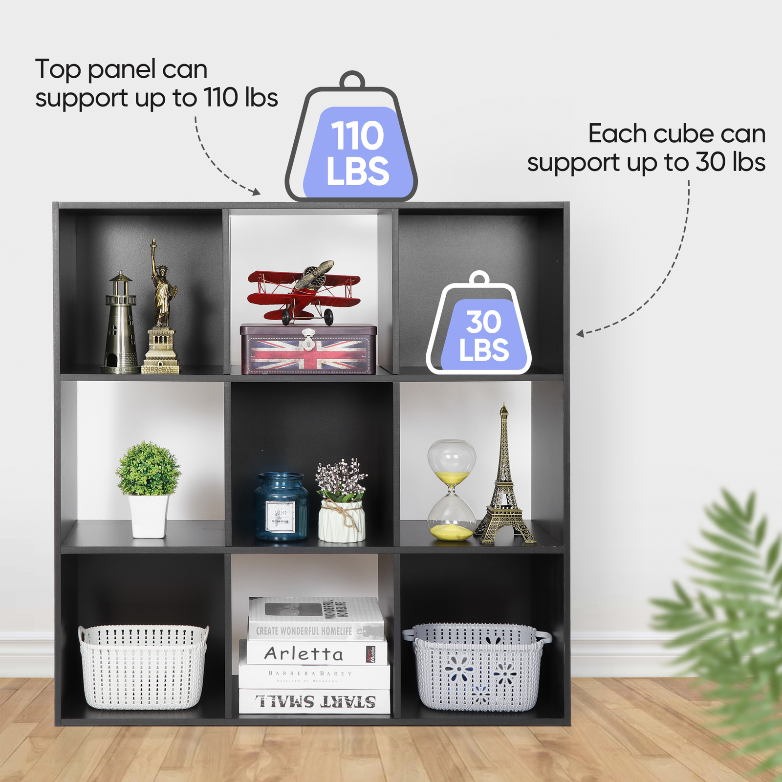9 Cube Storage Organizer Wooden Display Cube Shelf 5 Removable Back Panels Black
