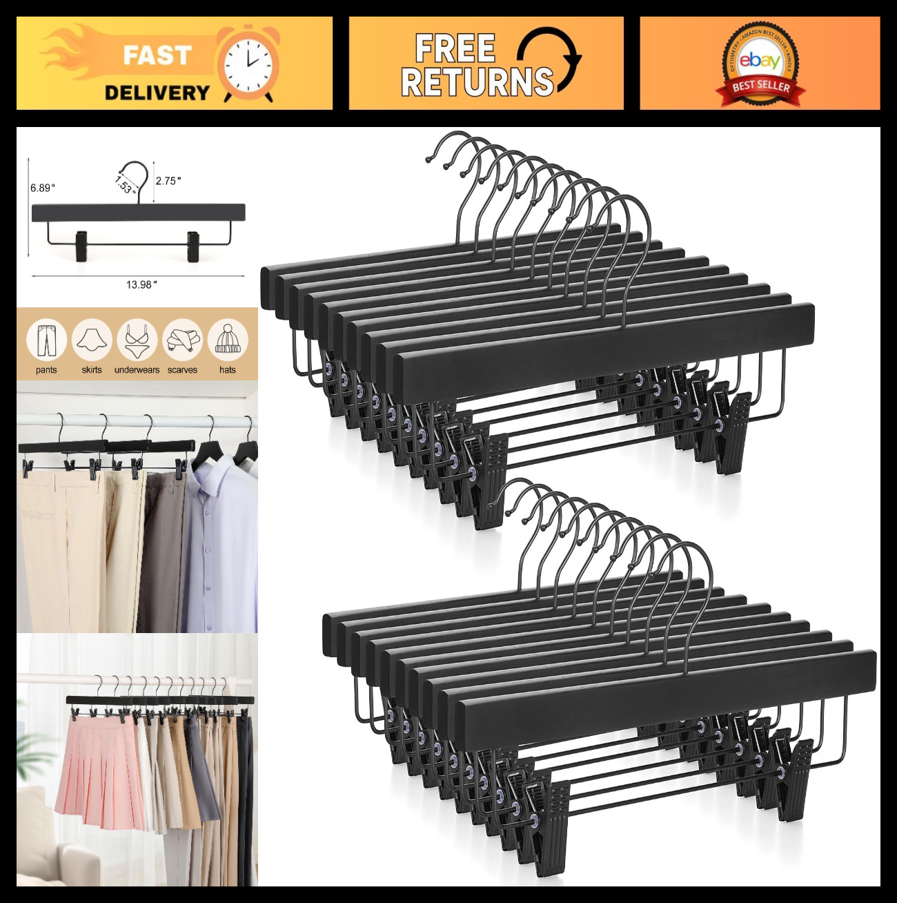 Wooden Pants Hangers 20 Pack with Clips & Rotatable Hook, Durable Rubber Wood fo