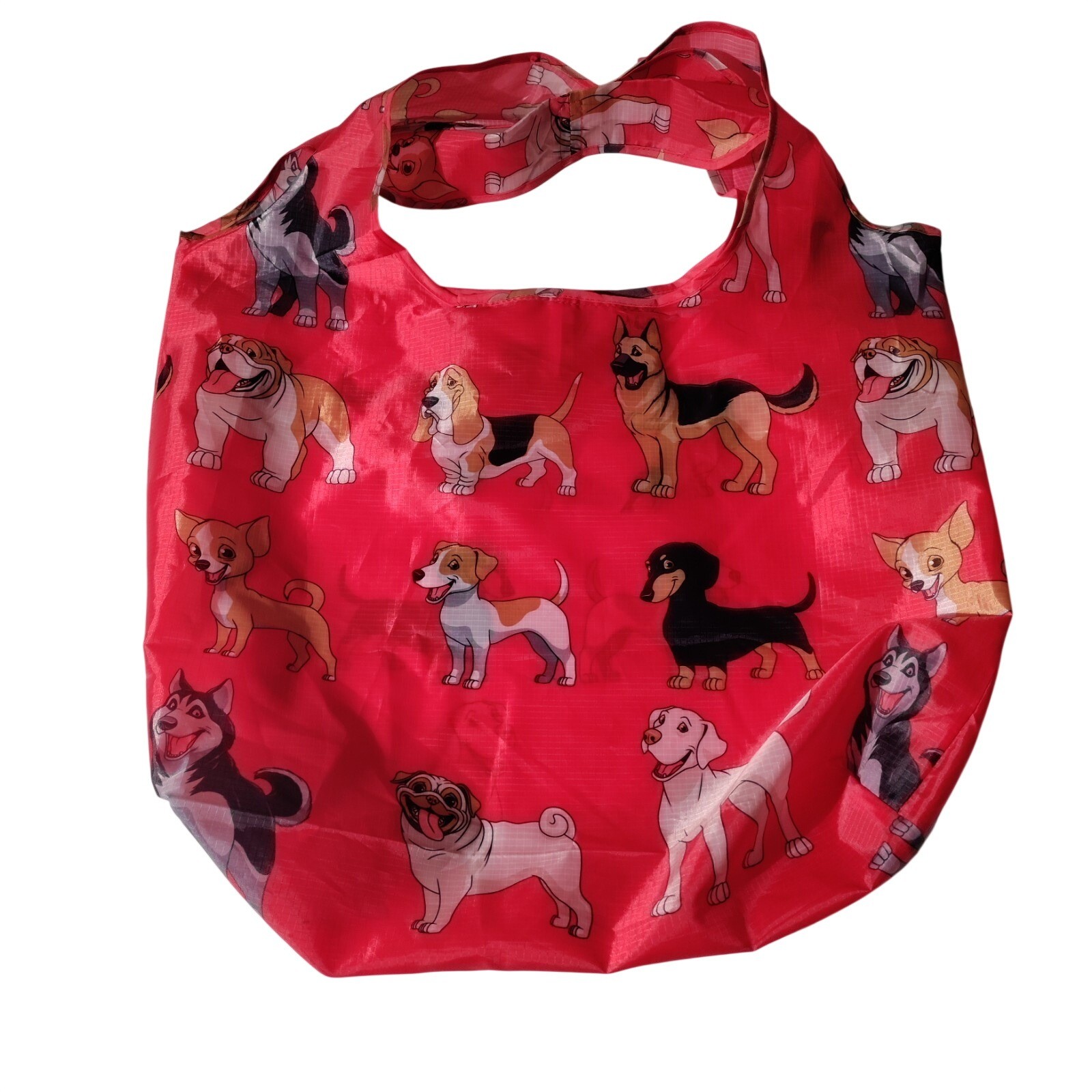 BeeGreen Reusable Nylon Shopping Tote Red Bag with Dogs All Over