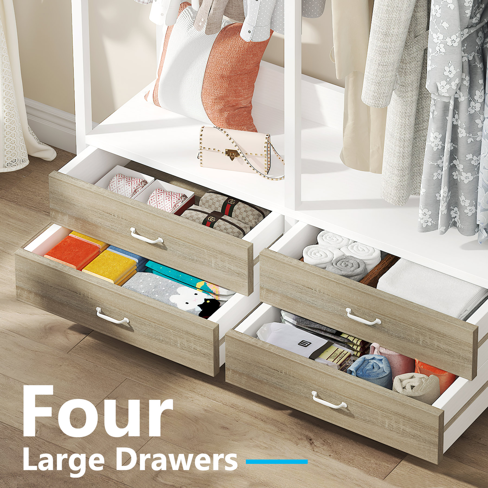 Tribesigns Closet Organizer with 4 Large Drawers, Clothes Garment Rack with Hook
