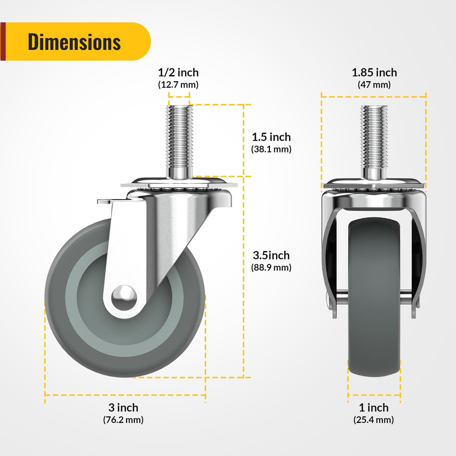 Caster Wheels 3 inch with No Brake Stem Casters, 1/2 -13 x 1-1/2 (Stem Diameter