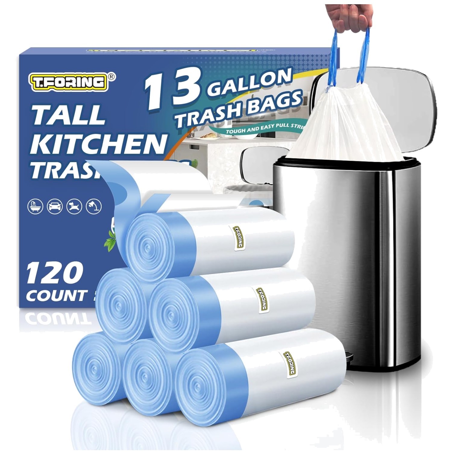 Tear-Free Drawstring Garbage Can Liners, 120ct