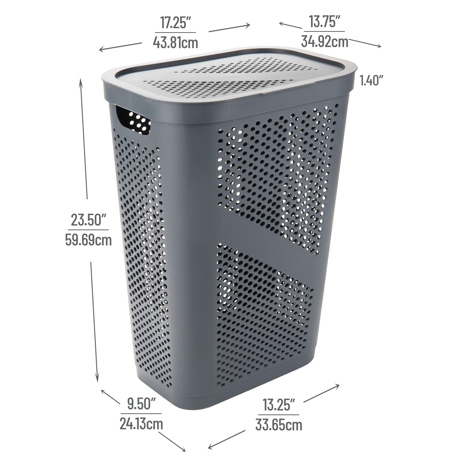 60L Slim Laundry Hamper, Clothes Basket, Lid, Ventilated, Plastic, 17.25L x 13.7