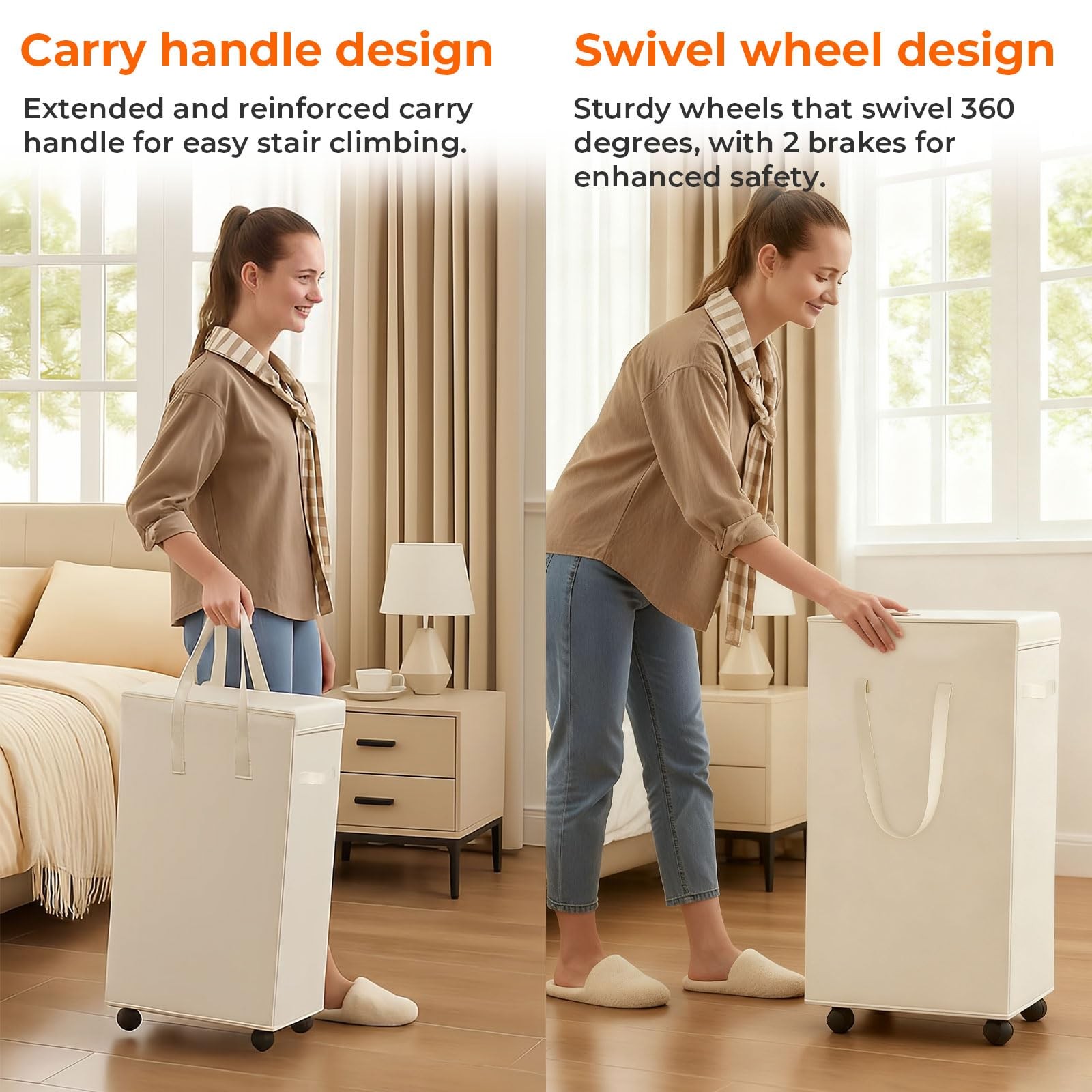 85L Rolling Laundry Hamper Lid Wheels Foldable Dirty Clothes Organizer Beige