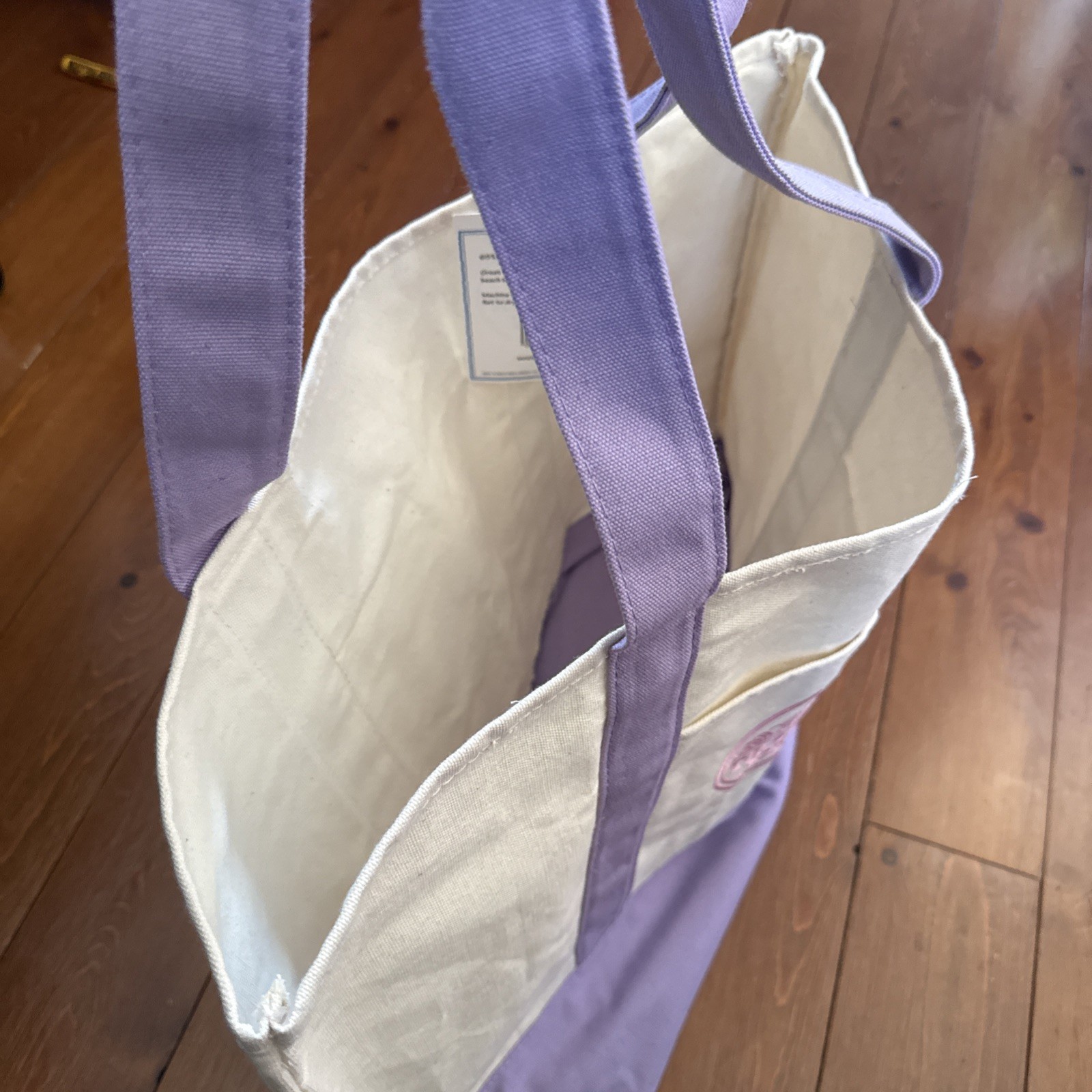 Trader Joe’s Foldable Cotton Polyester Tote Bag Purple Beige Reusable Shopping