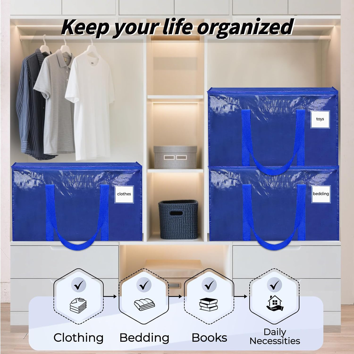 16 Pack Extra Large Clothes Storage Bins with Lids, Moving Bags, Blue | Storage