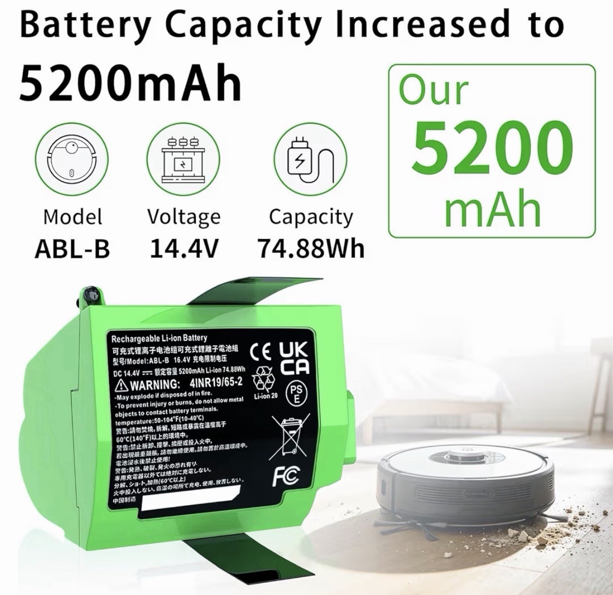 5200mAh Replacement Battery for Roomba S9 S9+ 9550 955020 ABL-B 14.4V