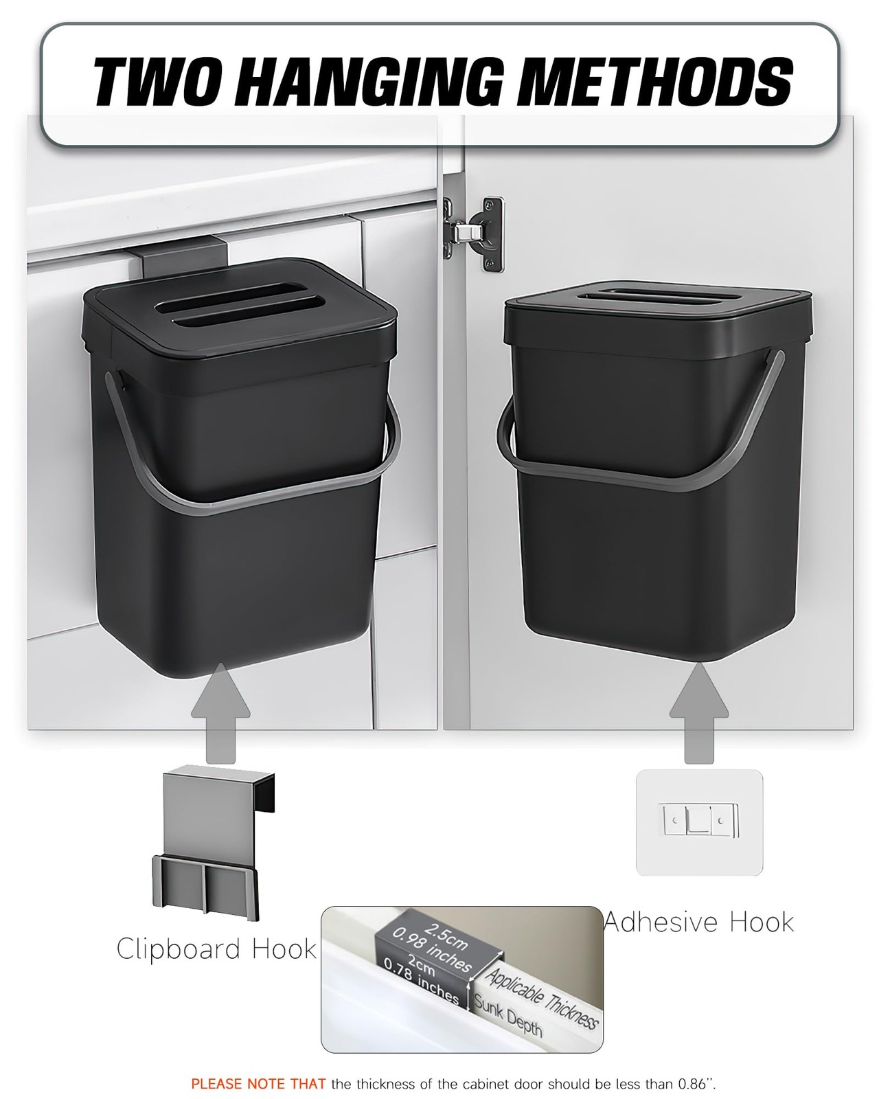 1.3 Gal Kitchen Compost Bin, Hanging Small Trash Can, 5L, Black