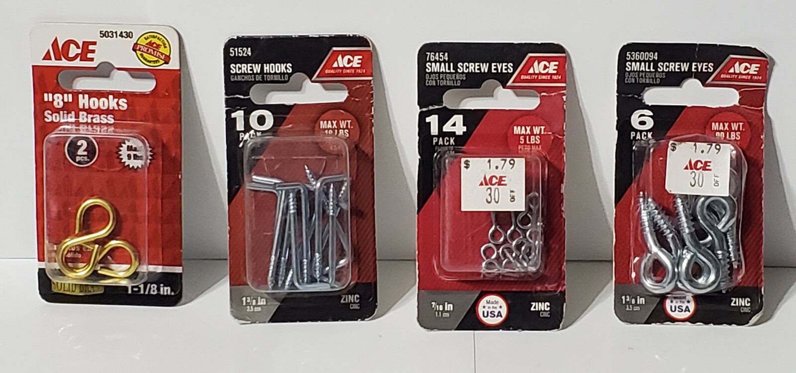 20 Miscellaneous ACE Hardware Items (Hooks, Screw Eyes, Door Stop, etc)