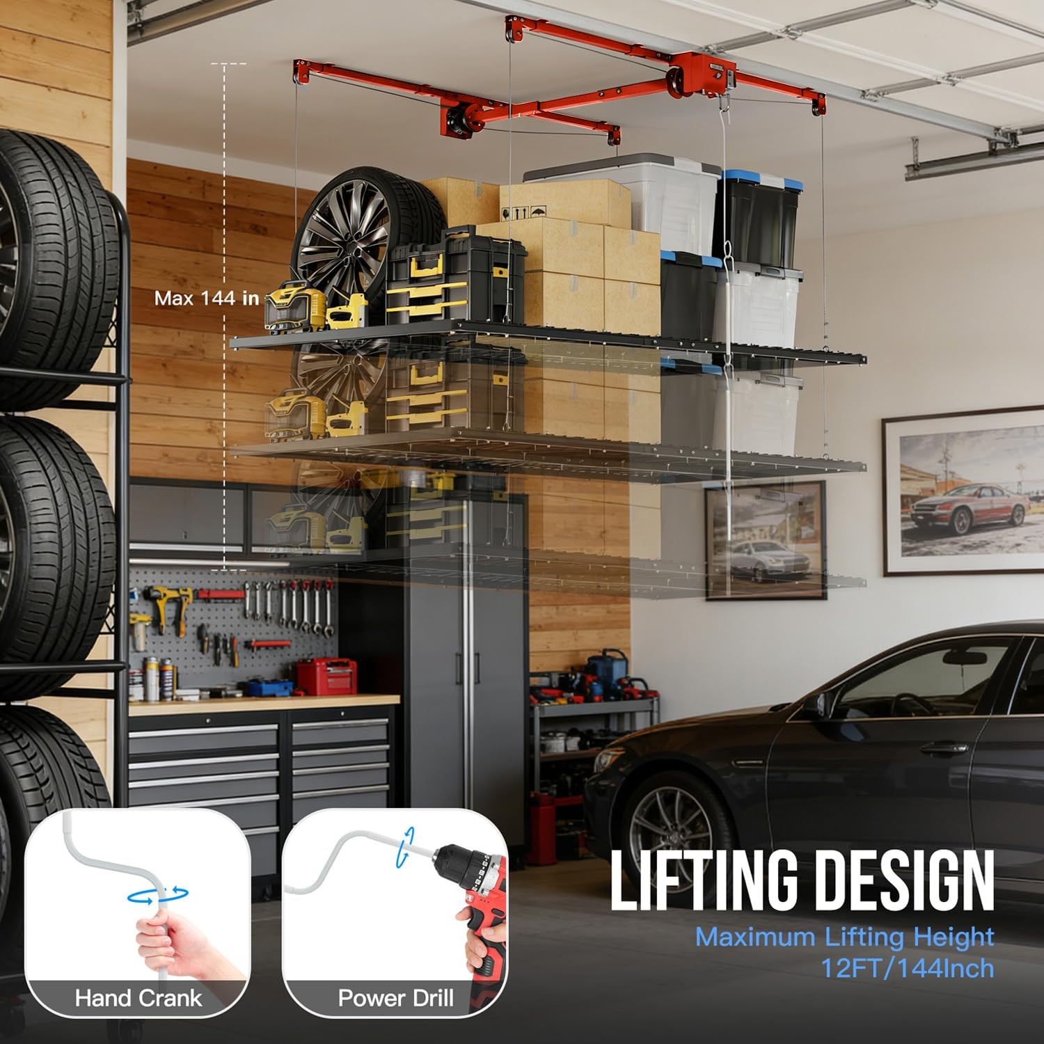 4x8FT Overhead Garage Storage Rack 800LB Capacity Fits 8-14ft Ceiling Hoist