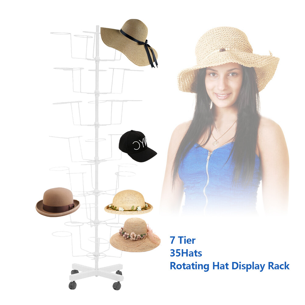 7 Tier Rotating Hat Display Rack Free Standing Metal Floor Caps Headwear Stand