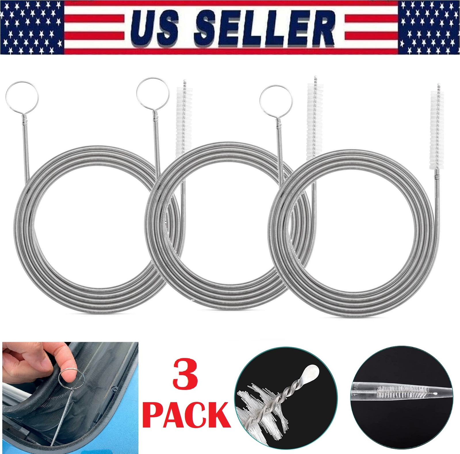 3× Flexible Car Drain Dredge Sunroof Cleaning Scrub Brush Tool Accessories 150CM