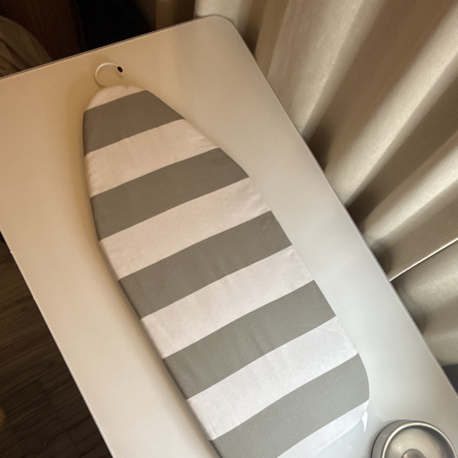 Tabletop Foldable Portable Metal Ironing Board, White Gray Striped Cover