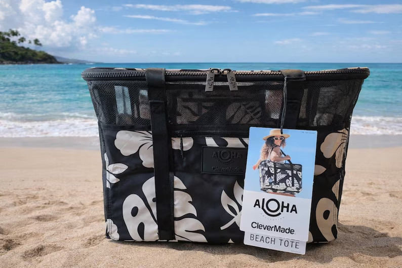 Aloha Collection CleverMade Collapsible Beach Tote Bag Fold Flat Mesh Black