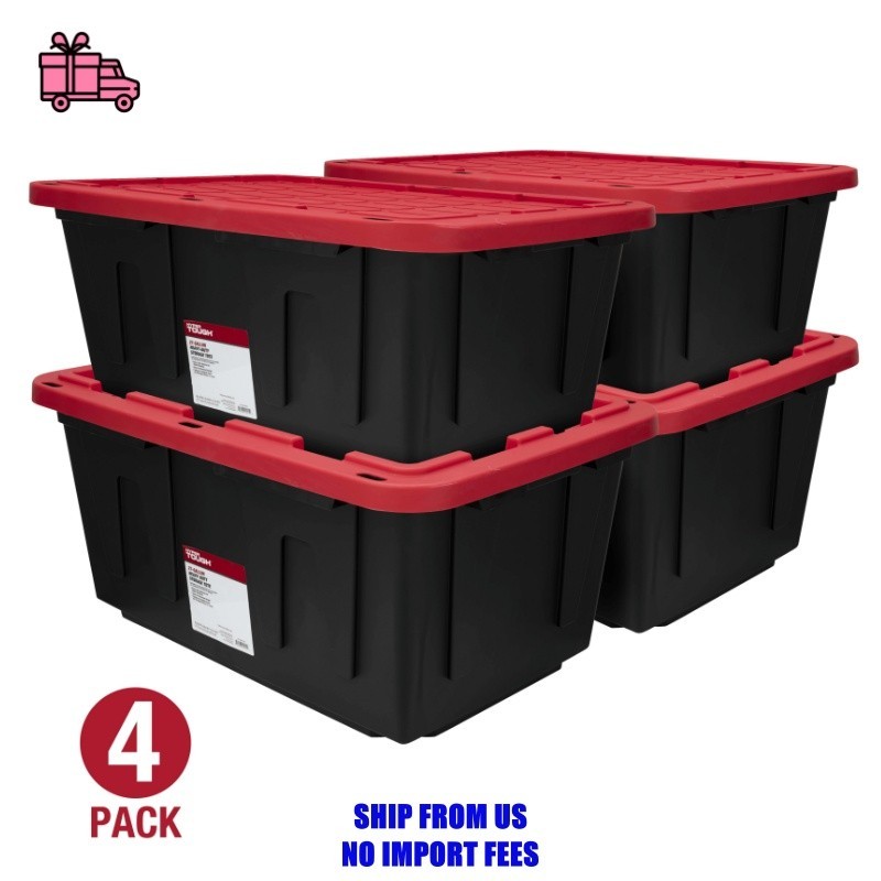 (Pack of 4) Hyper Tough 27 Gallon Large Storage Bin with Snap Lid, Black and Red