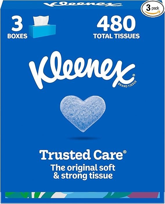 Kleenex Trusted Care Facial Tissues, 3 Flat Boxes, 160 Tissues per Box, 2-Ply