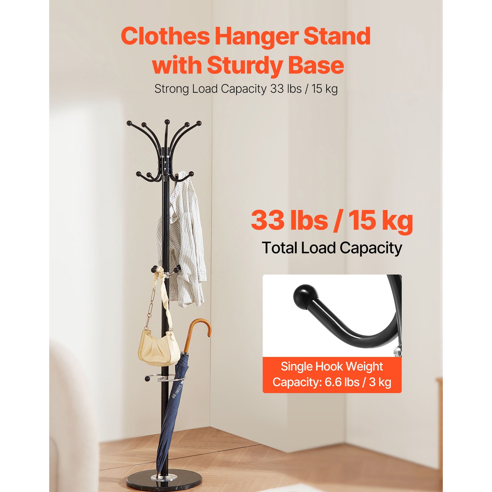 Freestanding Coat Rack Stable Marble Base with Umbrella Holder & 14 Hooks